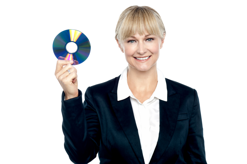 Women In Suit holding CD PNG